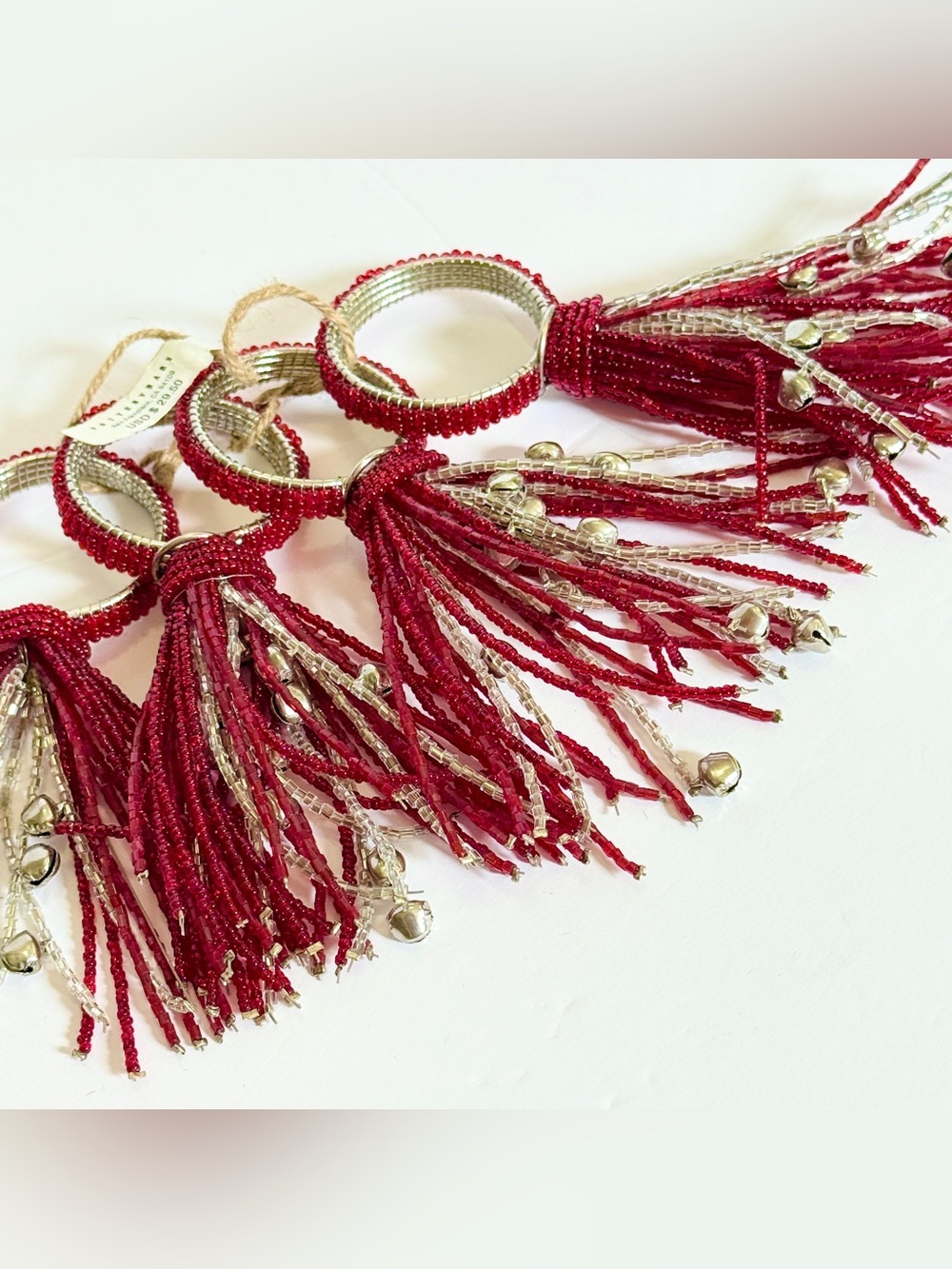 NWT Pottery Barn Red & Silver Beaded Jingle Bell Tassel Napkin Rings Set of 4